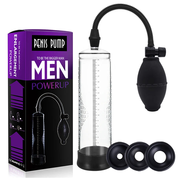 A penis pump with a transparent cylinder, a black hand pump, and a black rubber sleeve, displayed alongside its packaging which highlights its enlargement capabilities.