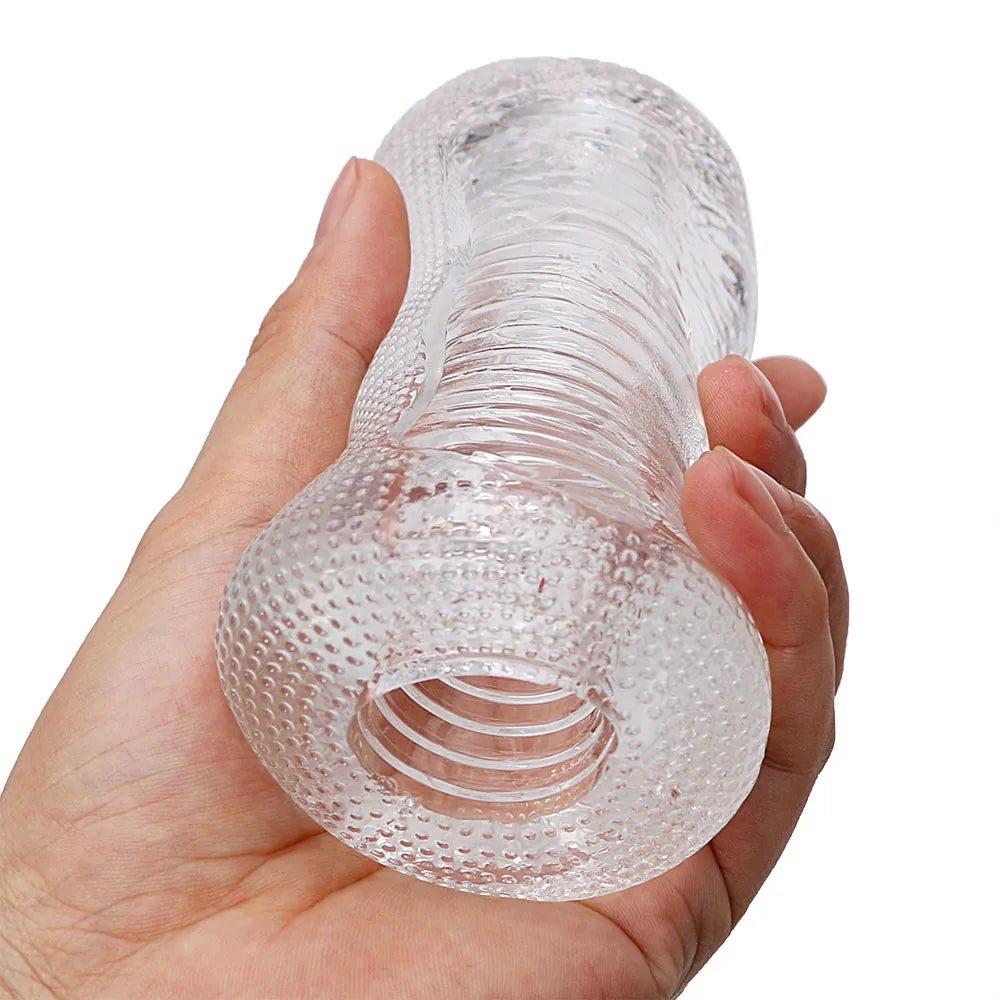 Transparent Stroker, adult store, sex toy, hand front view